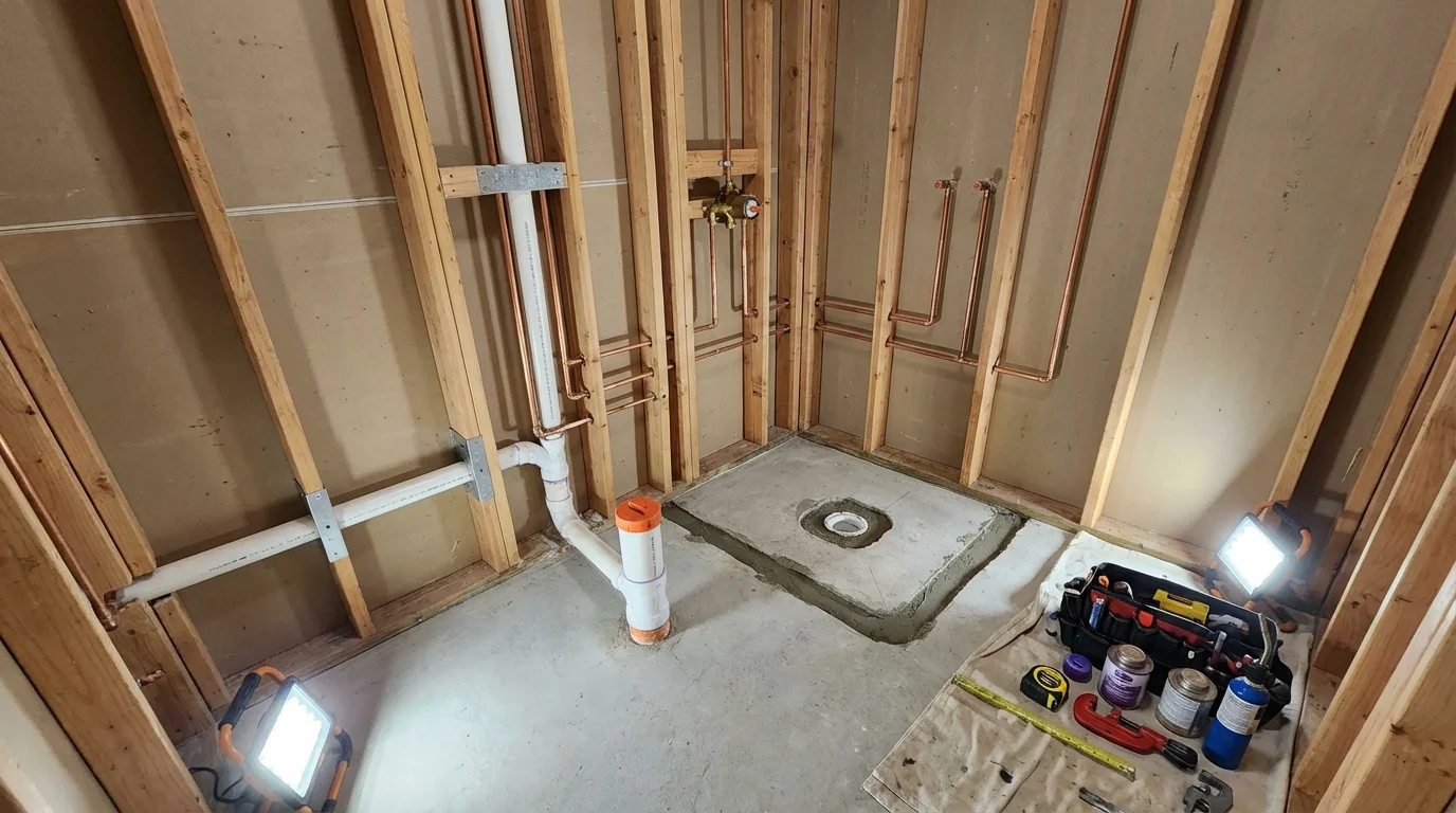 Bathroom rough-in plumbing during remodel by Johns Plumbing LLC in Pomeroy