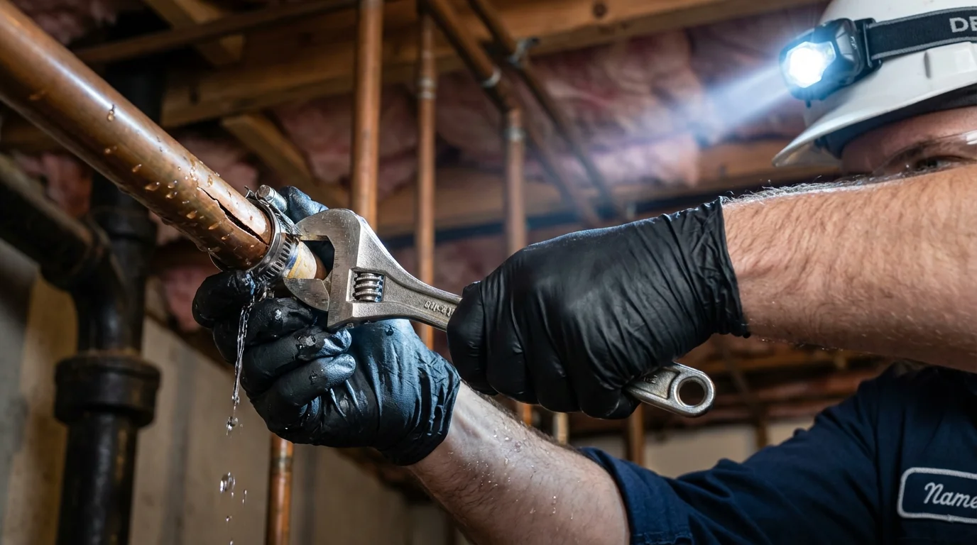 Emergency pipe clamp repair being performed by a Johns Plumbing LLC plumber in Pomeroy