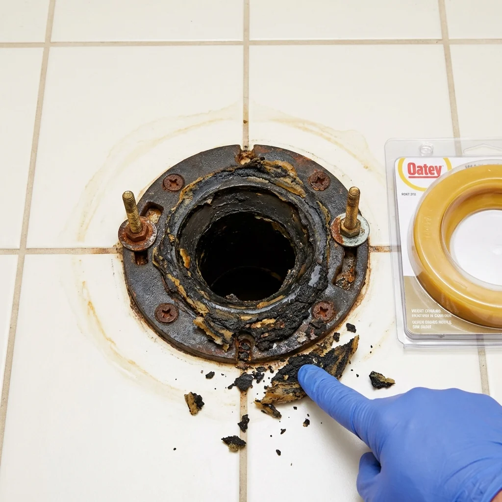 Failed wax ring showing water seepage at the base of a toilet in a Pomeroy, OH home