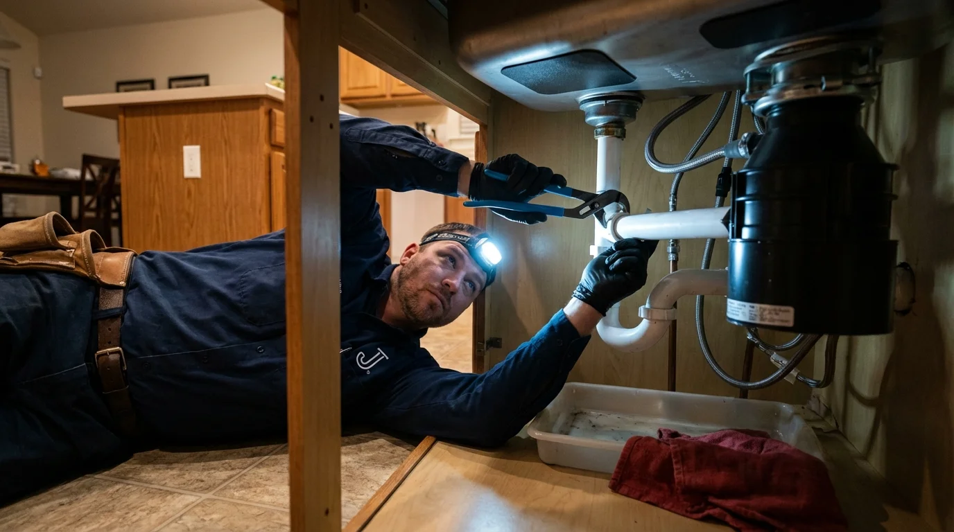 P-trap and supply line connections under a kitchen sink showing a common leak point in Pomeroy, OH